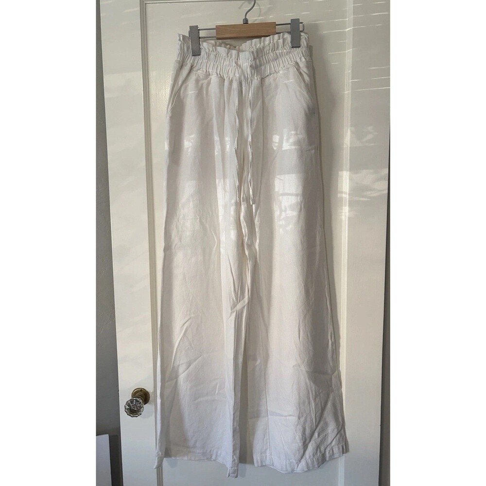 White Linen Blend Pants Wide Leg Elastic Drawstring Waist Rewash Small Coastal